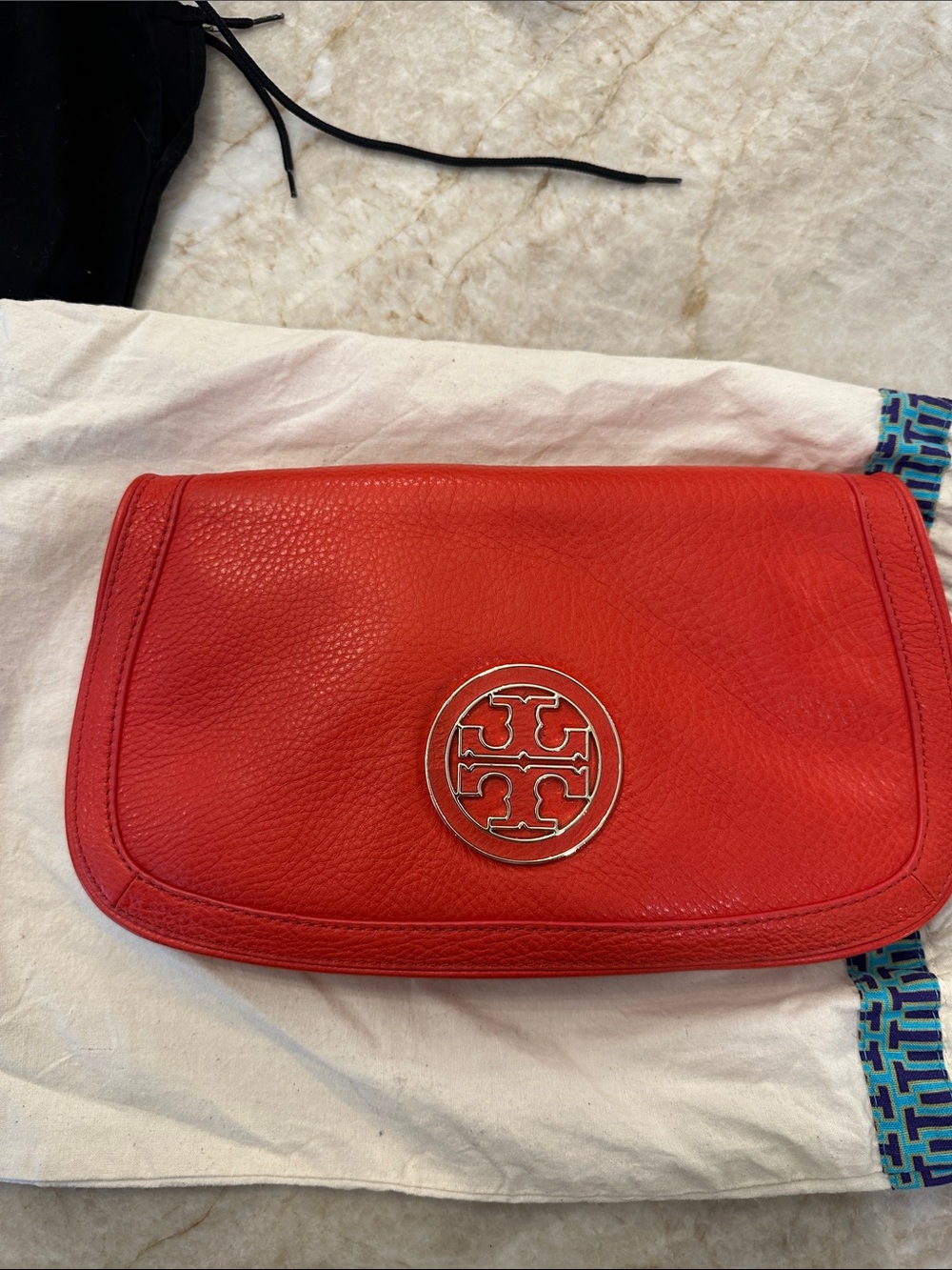 Tory Burch Red Pebbled Leather Logo Wristlet Clutch